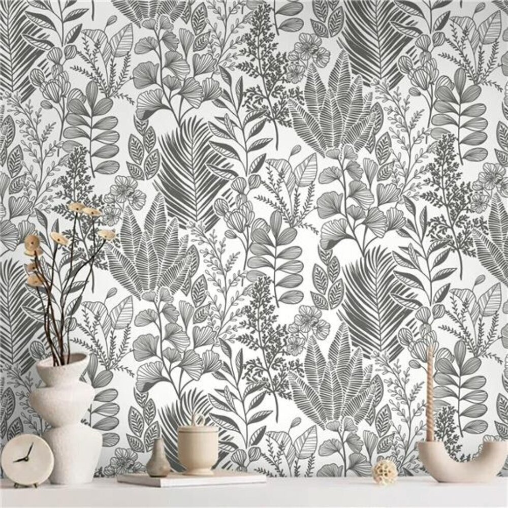 Self-Adhesive Wallpaper Grey Leaf Floral for Bedroom